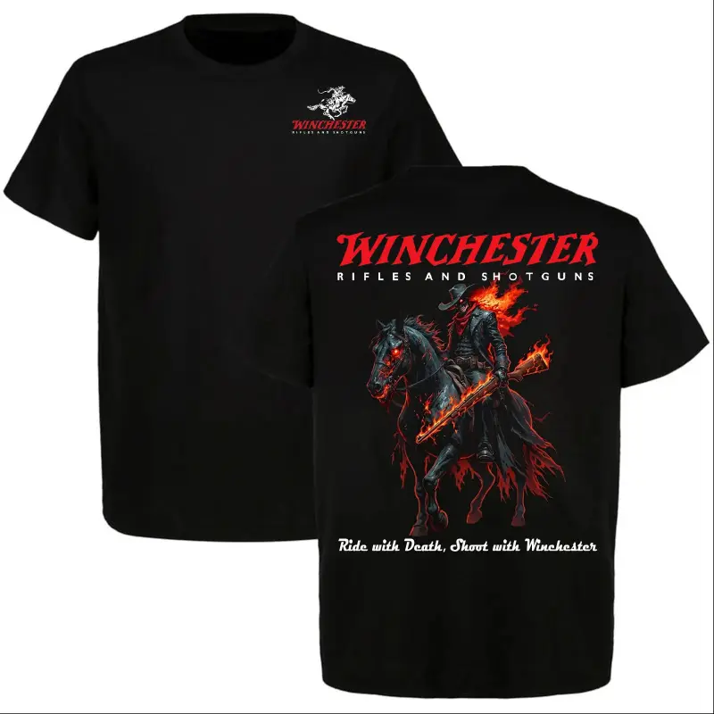 Winchester Rifles and Shotguns T-Shirt, Flaming Outlaw Horseman Graphic Tee, Dark Western Cowboy Rider Shirt, Ride with Death Vintage Streetwear vintage clothing oversized tshirt women  shirts women custom shirt women purple rain shirt