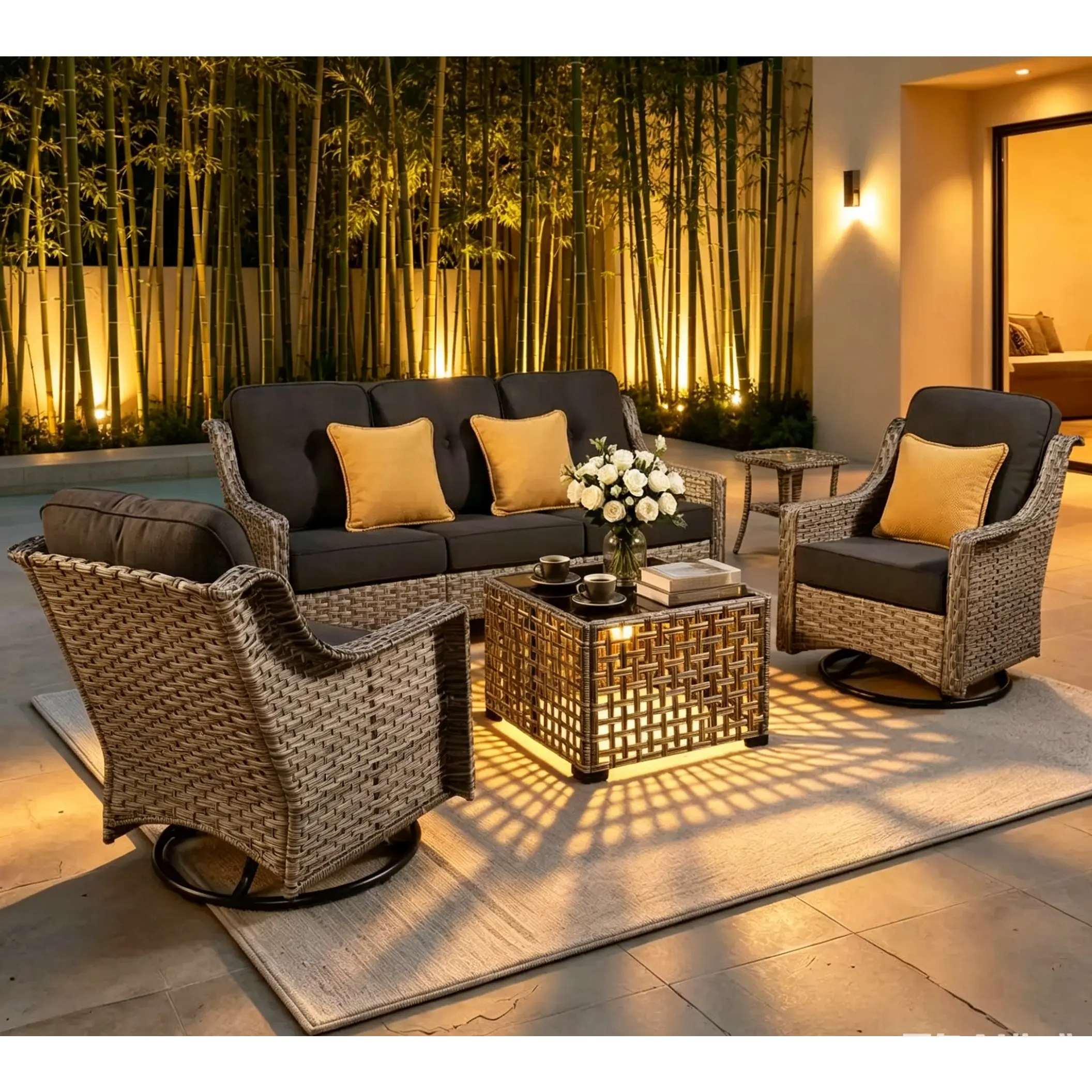 [Deals For You]Ovios 5-Piece Outdoor Patio Furniture Set with 3-Seat Sofa & Swivel Rocking Chair, All-Weather Wicker Rattan Conversation Set with Solar LED Coffee Table for Backyard, Porch & Poolside