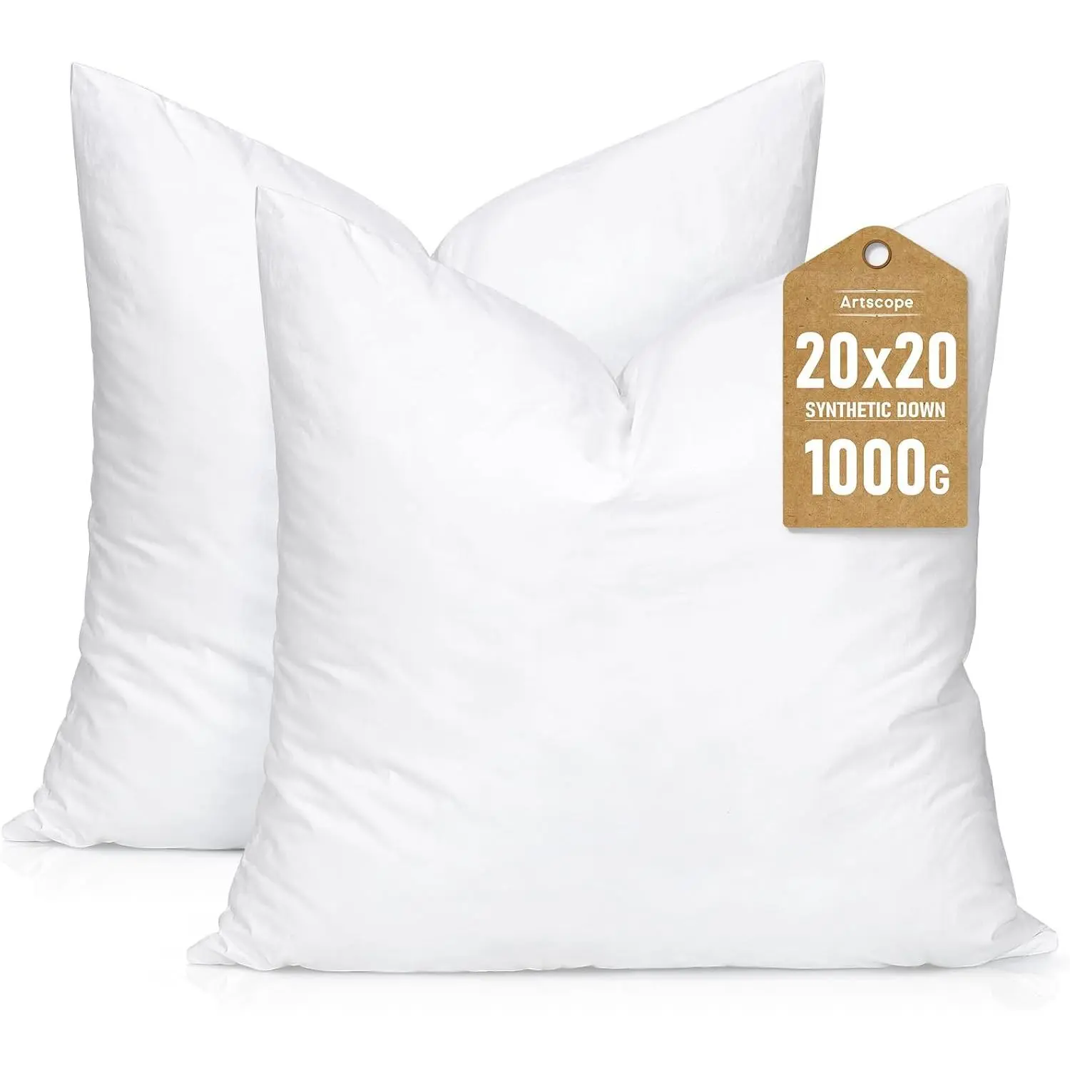 Synthetic Down Pillow Insert, 20x20 Throw Pillow Inserts Set of 2| Down Alternative Soft Sleeping Pillow, 100% Cotton Cover, Decorative Pillows-White
