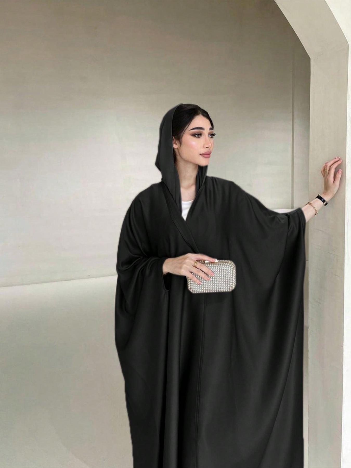 Women's Solid Batwing Sleeve Satin Abaya, Modest Fashion Long Sleeve Open Front Muslim Robe for Daily Wear, Ladies Islamic Clothing for All Seasons, Islamic Modesty Clothes