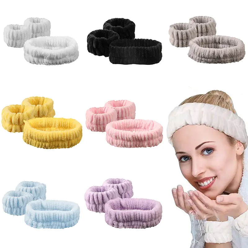 Fluffy Coral Fleece Wide Spa Headband Matching Wristband Set Soft Sweat Hair Wrap For Face Washing Makeup Skincare
