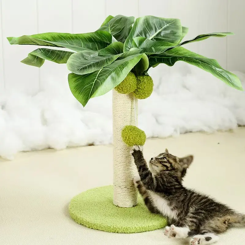 Trendy Palm Tree Cat Scratching Post, Natural Sisal Vertical Cat Claw Grinder, Natural Sisal Scratcher, with Fake Leaves and Hanging Plush Ball, Cute Indoor Kitten Toy