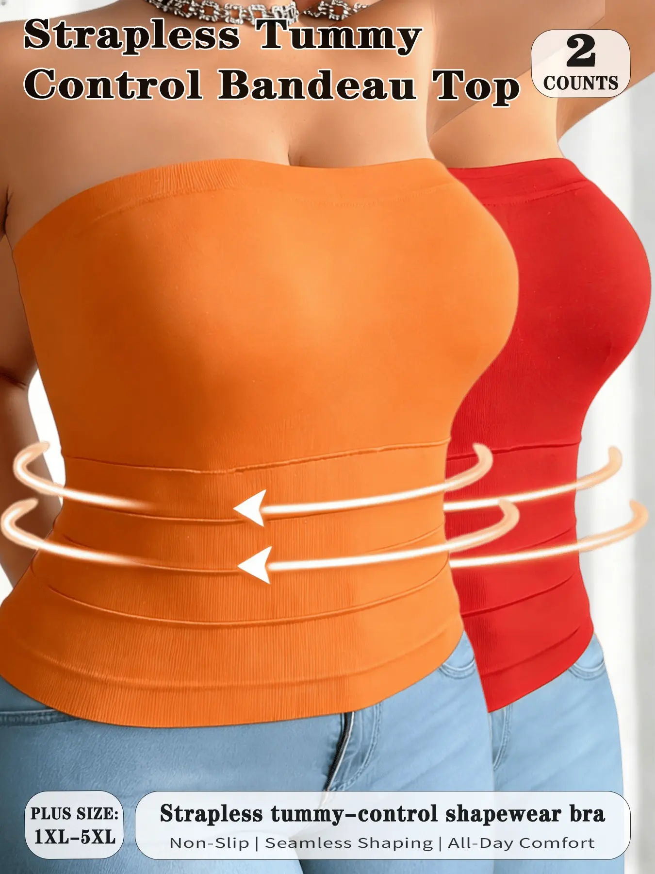 2-PCS Plus-Size Shaping Strapless Bra Top for Women, Body Strapless Shapewear, Strong Waist Cinch, Compression Tummy Control, Non-Slip, Slimming Innerwear, Elegant Style, All Seasons