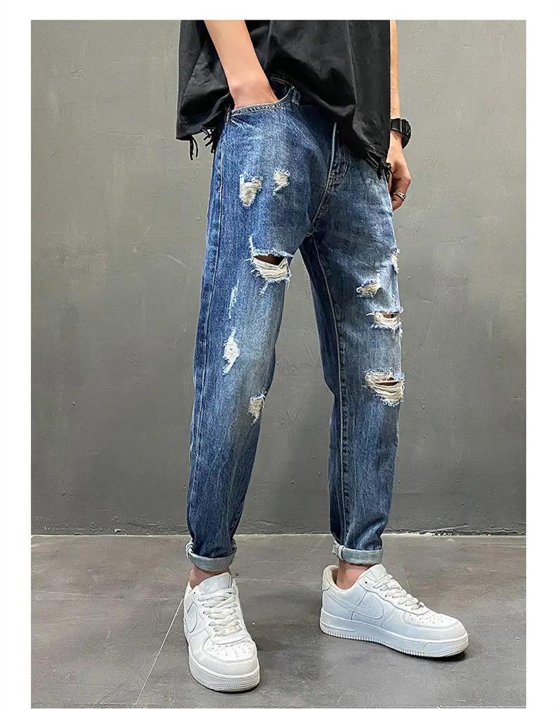 Men's Shaved Trendy Ripped Jeans Ruffian Handsome Summer Slim-fitting Pants Trendy Brand Man Clothes Designer Beggar Pants Men