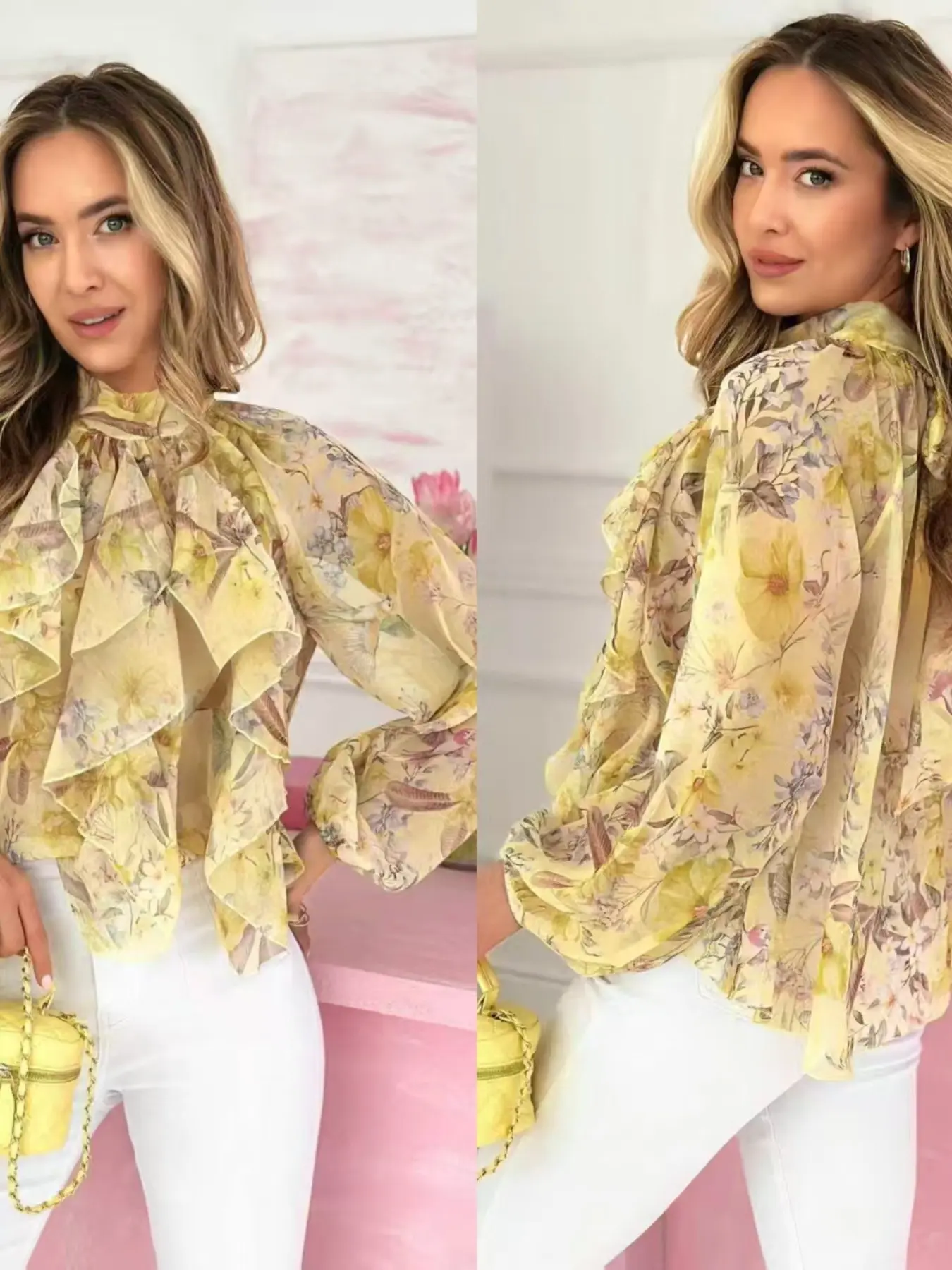 French Style Light Floral Stand Collar Layered Ruffle Chiffon Top, Soft Lantern Bubble Sleeve Lightweight Printed Shirt for Women