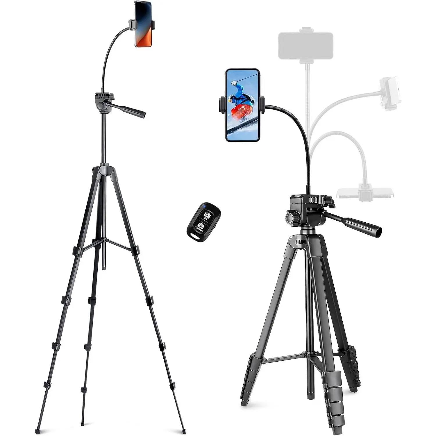 Phone Tripod, 82" Tripod for  with Flexible Gooseneck,  Remote and Phone Holder, Extendable Cell Phone&Camera Tripod Stand for Selfies/Video Recording/Live Streaming/Vlogging