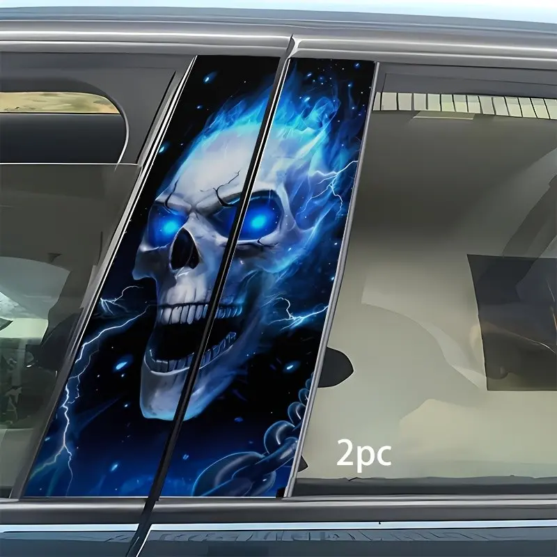 Car Stickers 2 Pcs Flame Skull Vinyl Door Column Decals, Waterproof, Scratch-Resistant, Glow Eyes, Lightning Effect, Truck Motorcycle Decor