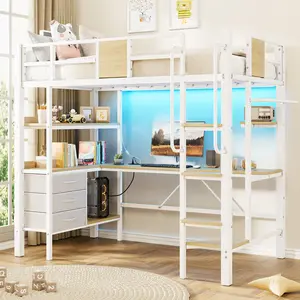 Twin Size Loft Bed Frame with Desk and Storage Shelves – Metal Loft Bed with Ladder and Full‑Length Guardrails – Space‑Saving Kids Bed with Built‑in Workstation for Bedroom