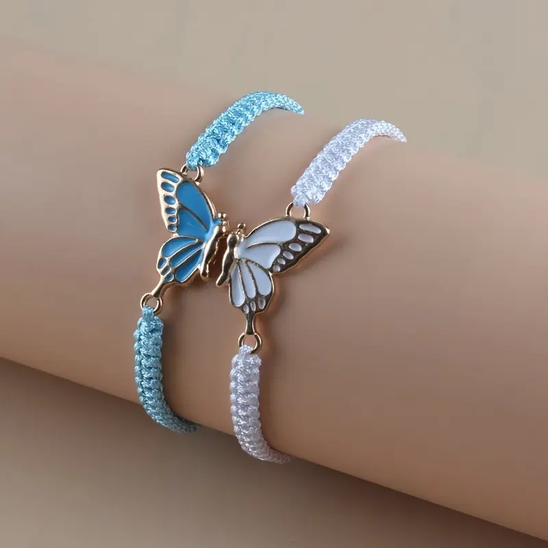 Unisex 2Pcs Boho Handwoven Bracelet Set - Enamel Butterfly Lucky Symbol Charm, Handcrafted Nylon Cord, Adjustable Size Wristband, Couples Gift for Daily Wear Fashion Jewelry