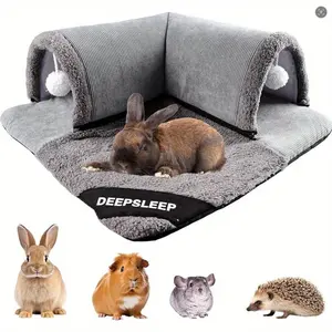 2-In-1 Small Pet Tunnel Bed, Bunny Bed, Soft Plush Rabbit Hideout Cave, Foldable Washable Guinea Pig Nest, Cozy Warm Pet House for Bunnies, Chinchillas & Hedgehogs