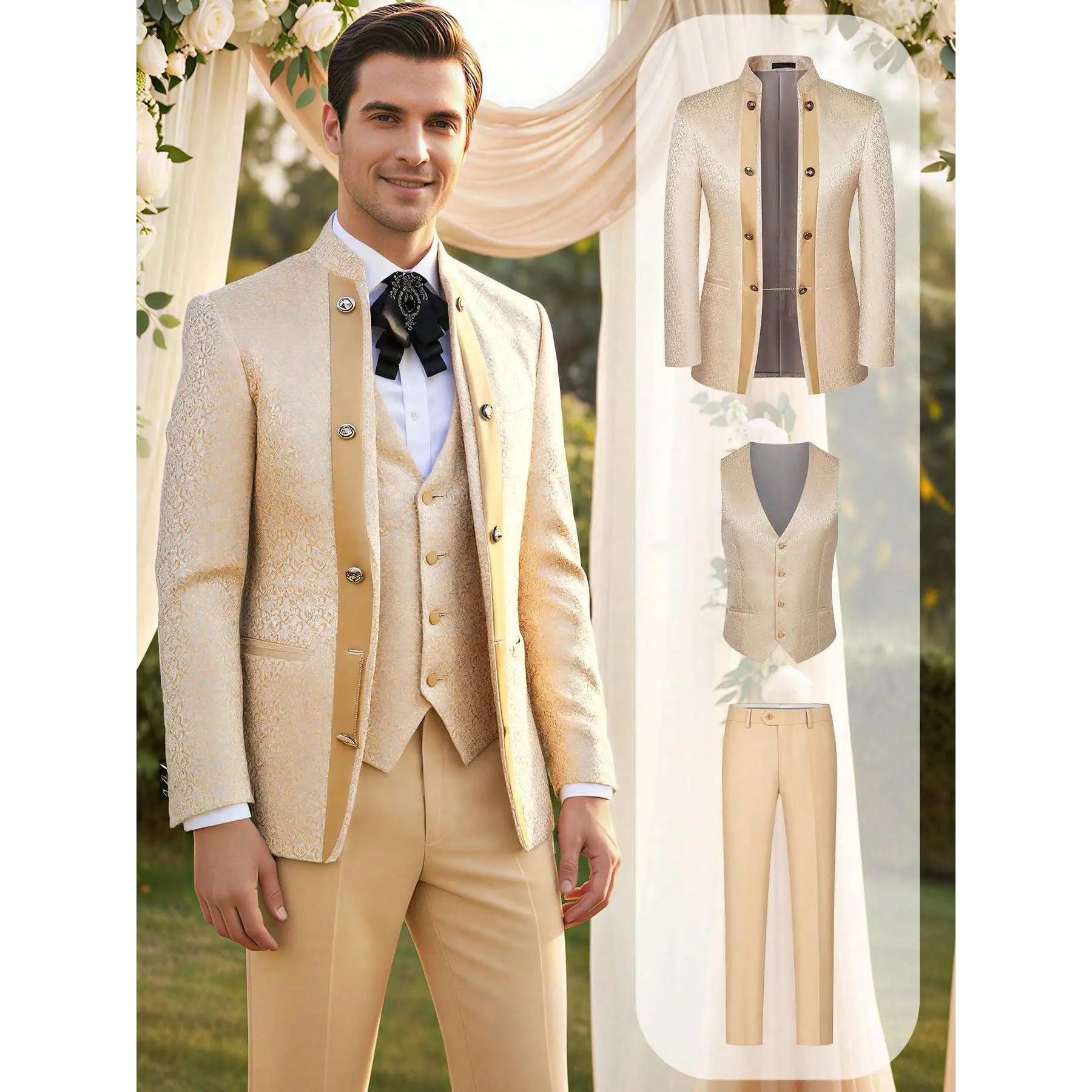 Men's 3-Piece Stand Collar Jacquard Tuxedo Suit – Double-Breasted Style Blazer, Vest & Pants for Weddings & Formal Events