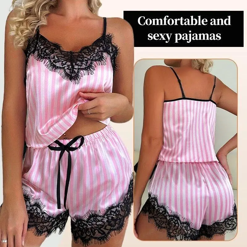 Women's V-Neck Sexy Lace Suspender Pajama Shorts Set Casual Women's Sleeveless Sexy Pajama Set Feminine Pajamas loungewear can be worn with stripes on the outside