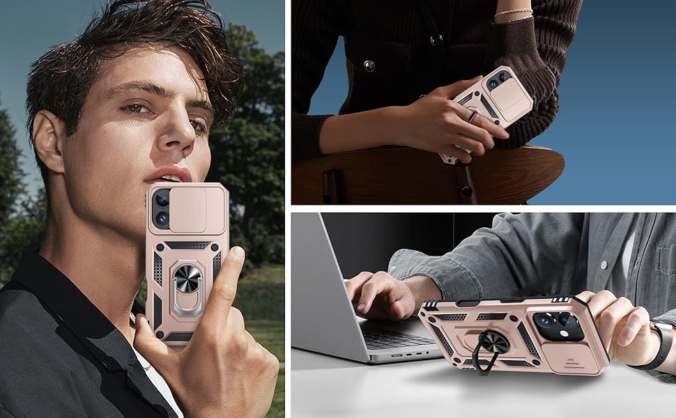 Janmitta Case for iPhone 16 Phone Cover Built in Slide Camera Lens Cover+Screen Protector,Heavy Duty Shockproof Full Body PhoneCase with Finger Ring Holder Kickstand,Rose Gold