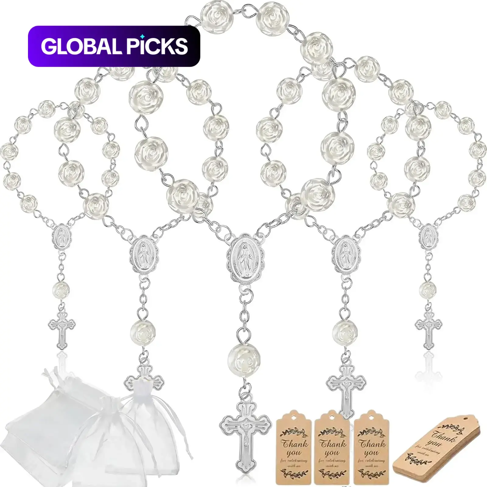 10 Sets Baptism Favors Set, Acrylic Rosary Beads, Faux Pearls, Bags, Thankyou Cards, Silver Color, Rose Color, Wedding Party Favors