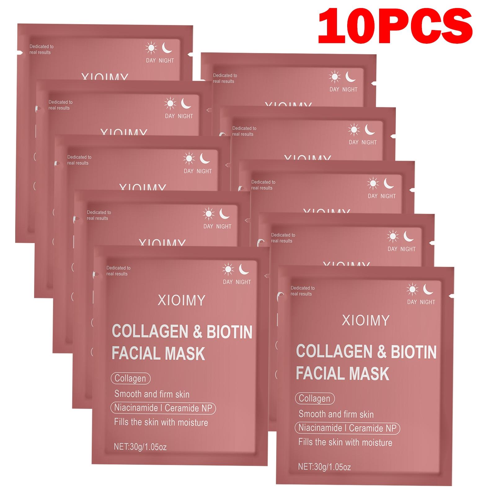 10 Pack Collagen & Biotin Face Masks, Alcohol-Free, Low Allergen, Intense Hydration, Moisturizing Facial Mask, Smooths and Brightens All Skin Types, Gentle