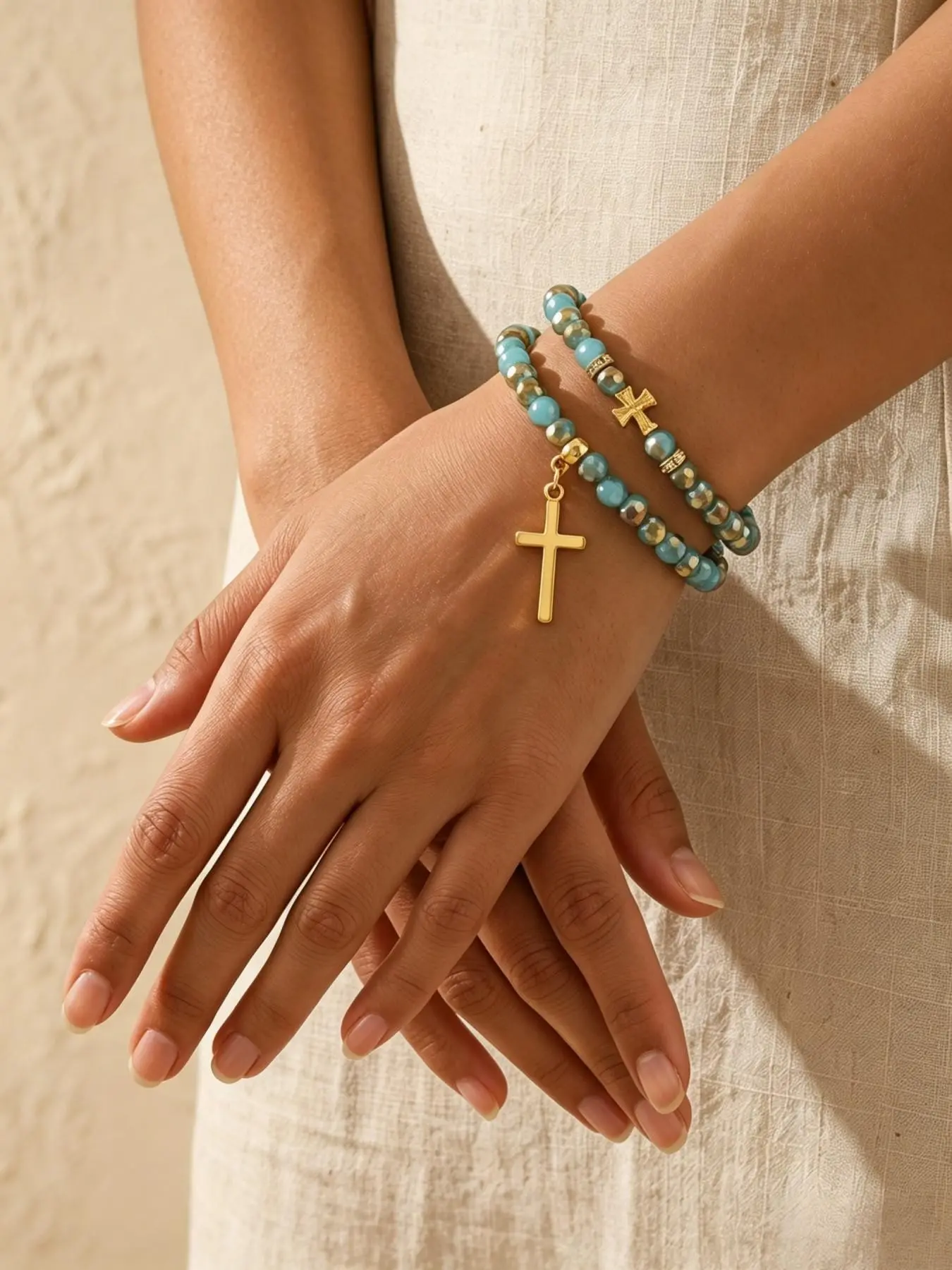 1/3PCS Women Turquoise Crystal Beaded Bracelet Set, Gold Cross Charm Stackable Wrist Jewelry, Adjustable String & Faceted Stone Bead Bracelets, Christian Religious Accessory for Summer Beach Daily Faith Gift