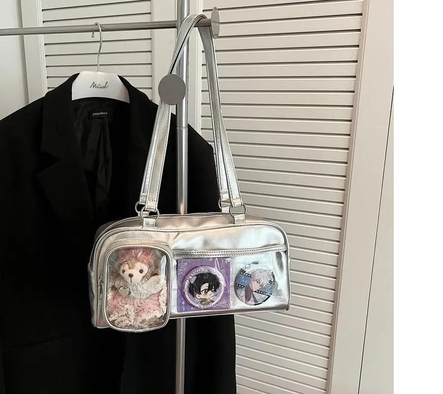 New Y2K Cute Ita Bag Large Capacity Fashion Shoulder Bag Lolita Girls Transparent Cosplay Underarm Bag DIY Badge Display Handbag