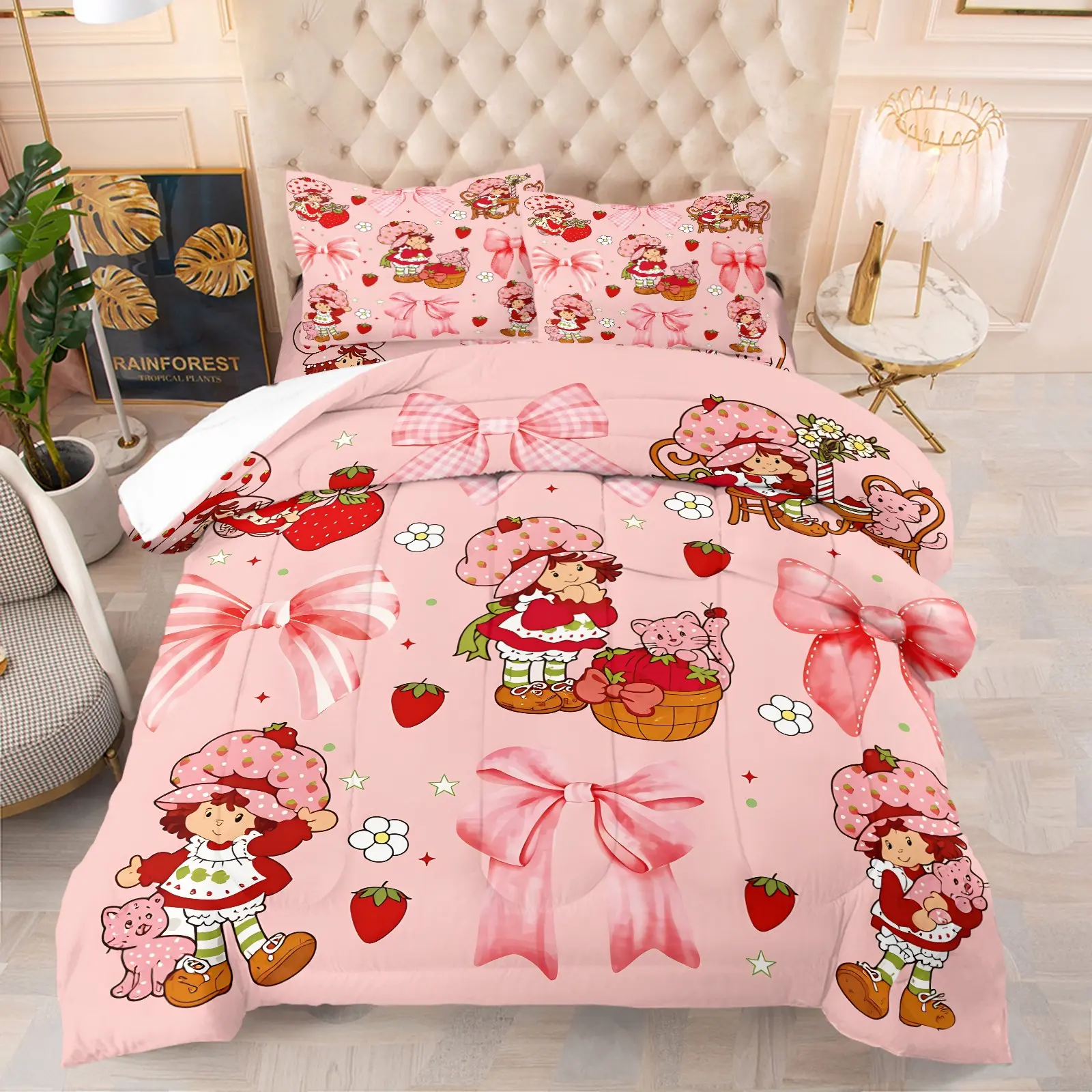 Cute Sweet Strawberry Cake Girl & Bow Comforter Set, 1 Quilt & 1-2 Coreless Pillowcases, Cute Sweet Girl Fruit Print Bedding Set, Soft Skin-friendly Breathable For All Seasons, Ideal For Girls Bedroom And Dorm, Sweet Pastoral Home Decor