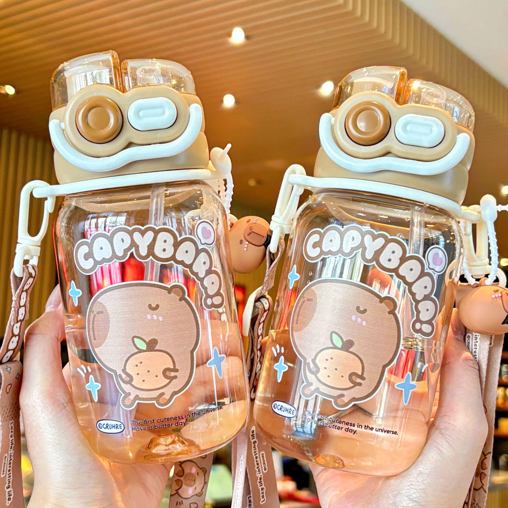 Capybara Cute Summer Kids Plastic Water Bottle for Students Girls kapibara Plastic Cup Portable Strap Children's Cup with Straw
