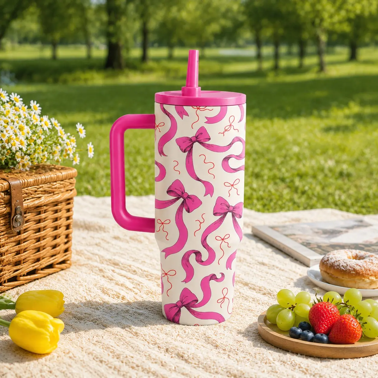 1PC 40oz Pink Bow Pattern Insulated Tumbler with Handle & Straw, Leak-Proof Lid, Double Wall Vacuum Stainless Steel Travel Mug, Hot 12H Cold 24H, Large Capacity Cup for Men and Women, Birthday Holiday Gift