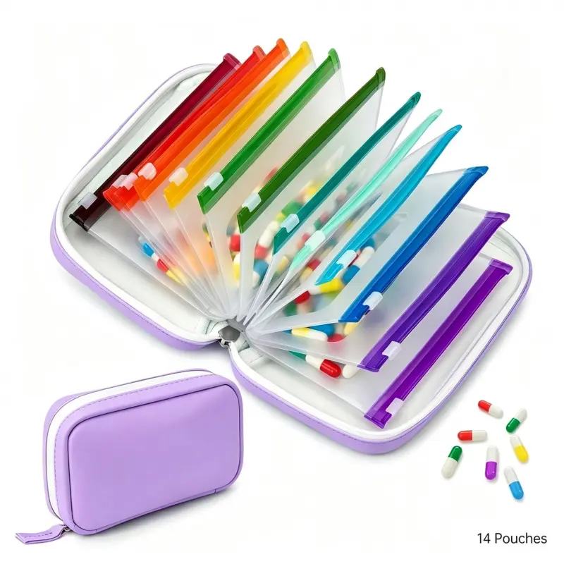 1 Set Of A8 Waterproof Pill Storage Bag, Large Weekly Medicine Box With 14 / 7 Color Coded Medicine Bags, Reusable Travel Medicine Storage Bag, Zipper Pill Storage Bag, Supplement Organizer, Portable Vitamin Organizer, Suitable For Fish Oil, Vitamins, Etc