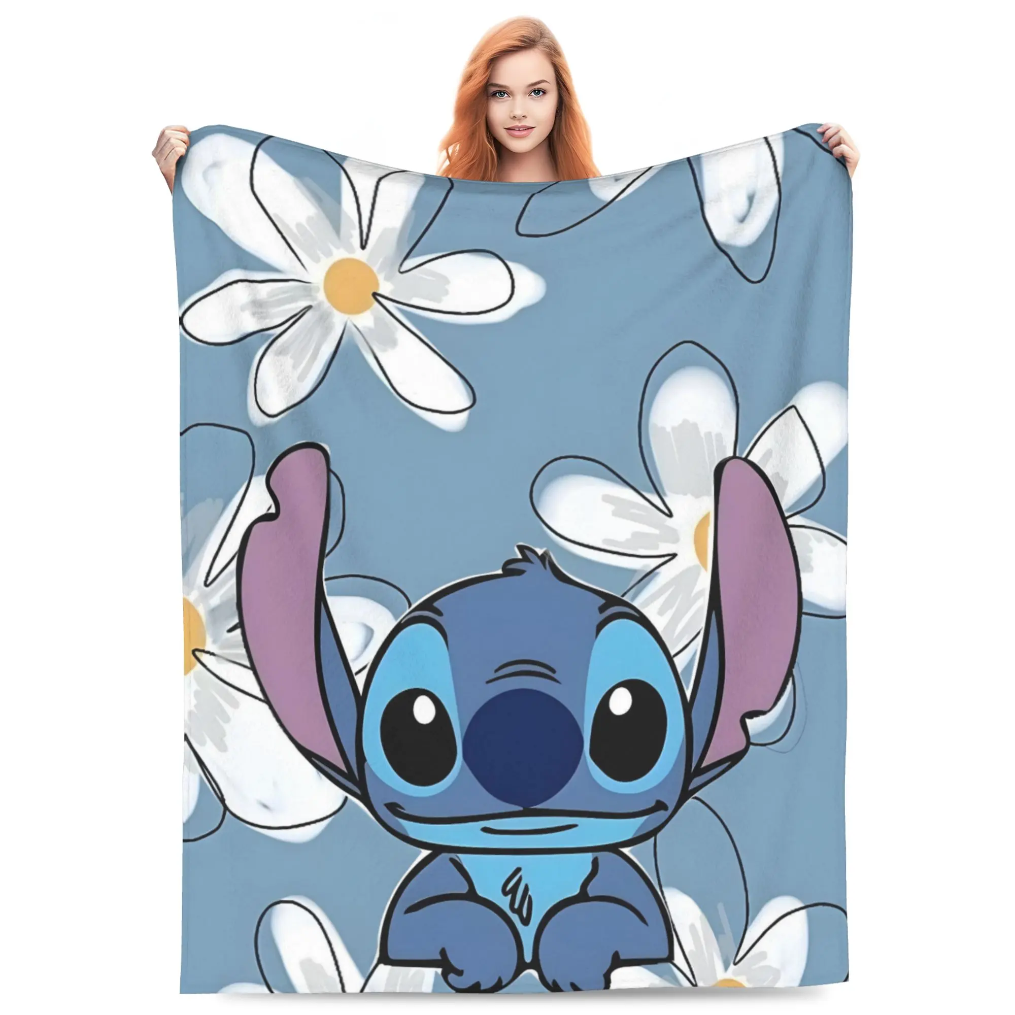 DISNEY CLASSIC Lilo & Stitch Throw Blanket, Cute Stitch with White Daisy Floral Background Print, Soft Flannel Lightweight Cozy Blanket for Sofa Bed Kids Room Home Decor