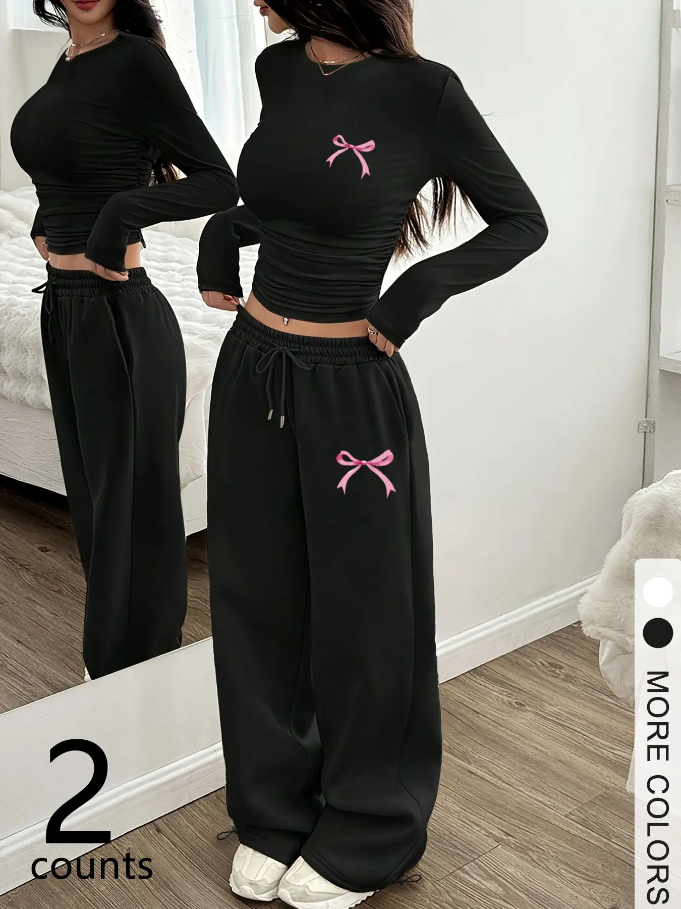 Women's Two-Piece Set with Bow Print, Round Neck Long Sleeve T-Shirt and Long Pants, Casual for Fall Winter, Spring Summer Daily Wear