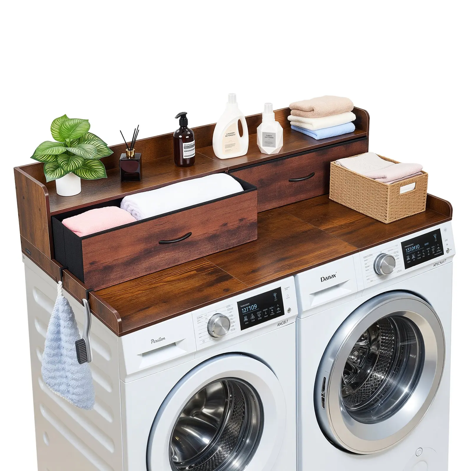 VEVOR Wooden Washer and Dryer Countertop with Shelf, 54x27.5 in Topper with 2 Drawers & 2 Hooks, 250 lbs Capacity, 37.2 lbs Unit for Laundry Room, Balcony & Pantry Organization, Brown