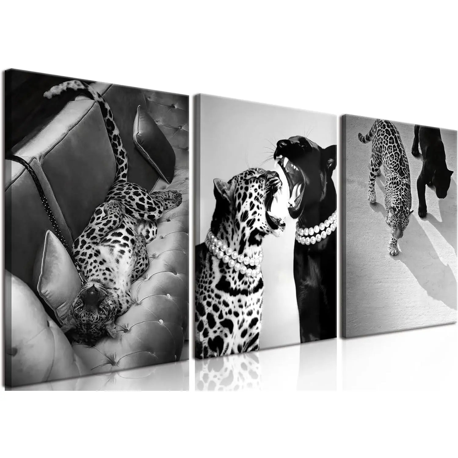 12×16 Inch Framed Vintage Cheetah Wall Art Set of 3, Black and White Canvas Prints for House Decor, Living Room Decorations, Room Decor (Wild Leopard Themed for Home Use)