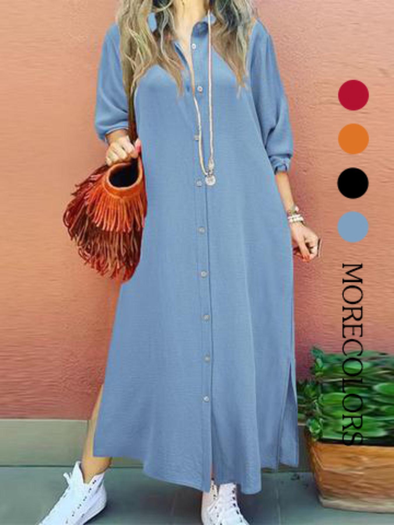 Women's Plain Button Shirt Collar Long Sleeve Dress, Collared Casual Fashion Long Dress for Daily Outdoor Wear, Women's Dress for Spring, Womenswear