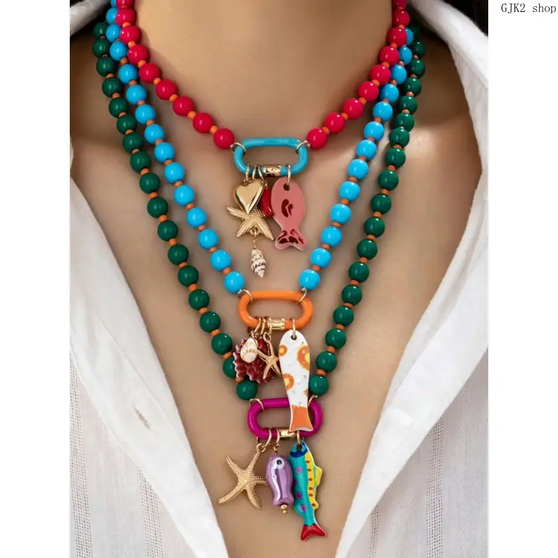 Boho Layered Necklace Set, 3-Piece Colorful Resin Bead Jewelry for Women with Fish, Starfish & Shell Charms for Summer Beach Parties, Women's Fashion, Vibrant, Ethnic, Casual Holiday, Colorful Matching Jewelry Sets, Daily, Three Layers Of Resin Beads