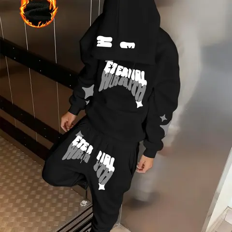 2-Piece Men's Casual Hoodie and Drawstring Waist Sweatpants Set, Hooded Sweatshirt Set, Letter & Star Print Long Sleeve Comfortable Tracksuit for Outdoor Activities