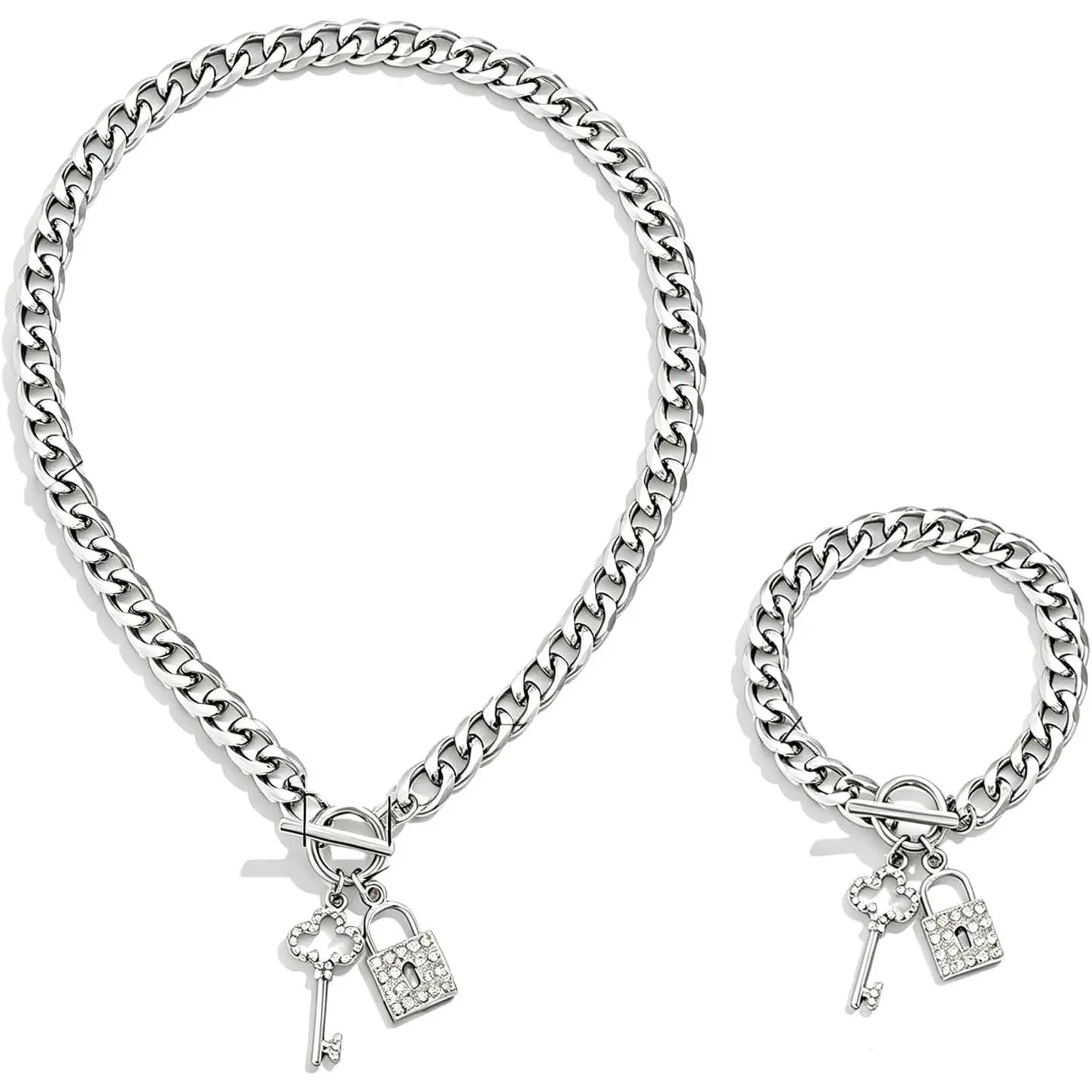 Cuban Link Lock Necklace Bracelet Set for Women Cuban Lock and Key Necklace Bracelet   Pendant Necklaces Bracelet Elegant Daily Wear Trendy  Set