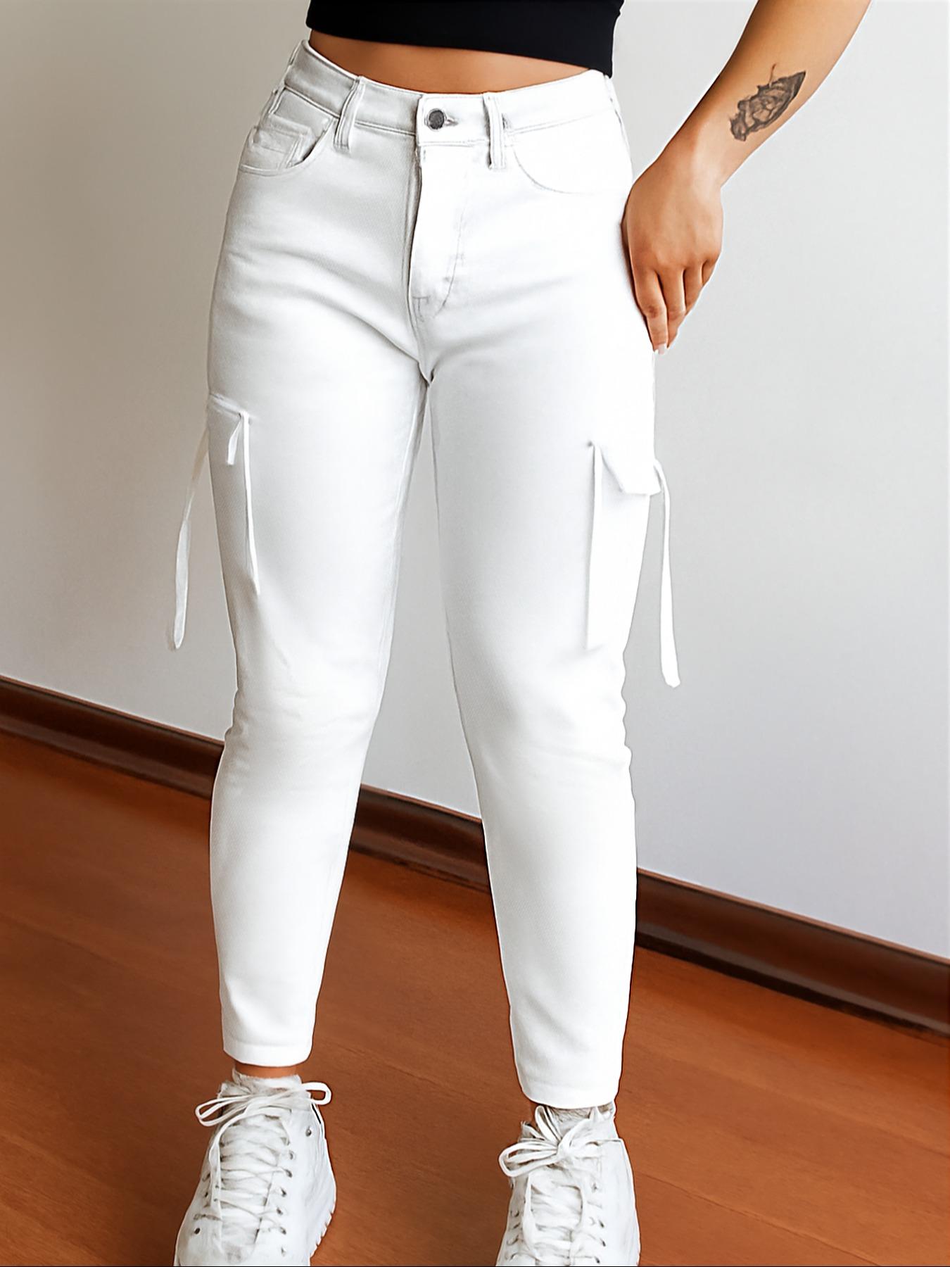 Women's Plain Multi-pocket Denim Elastic Slim Fit Button Cargo Pants, Casual Street Trousers for Everyday Wear, Ladies' Bottoms for All Seasons, Jeans with Pockets, Womenswear