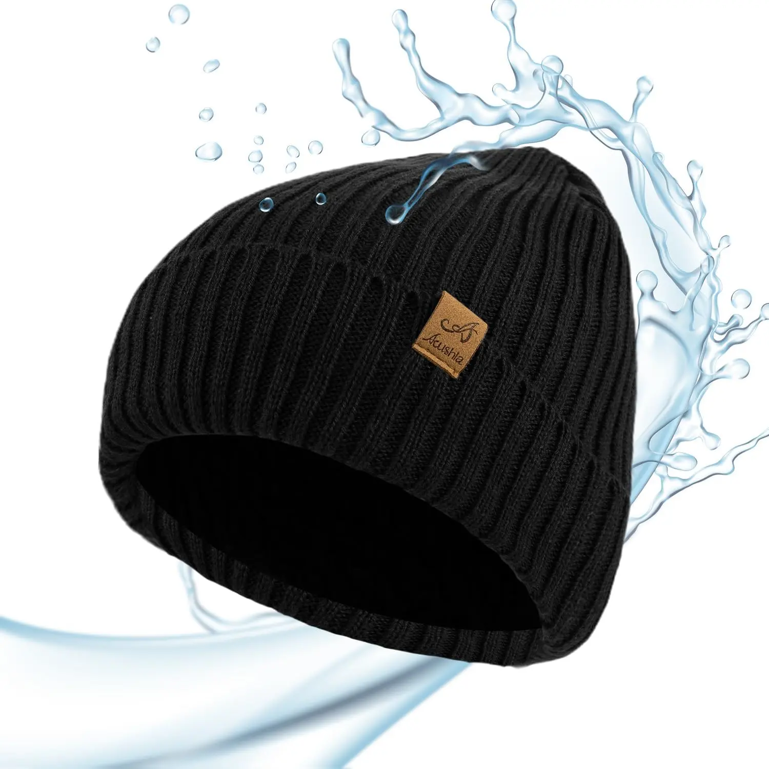 Waterproof Windproof Cuff Beanie - Thick Fleece Lined Knit Winter Hat  Men & Women Warm Watch Cap  Cold Weather