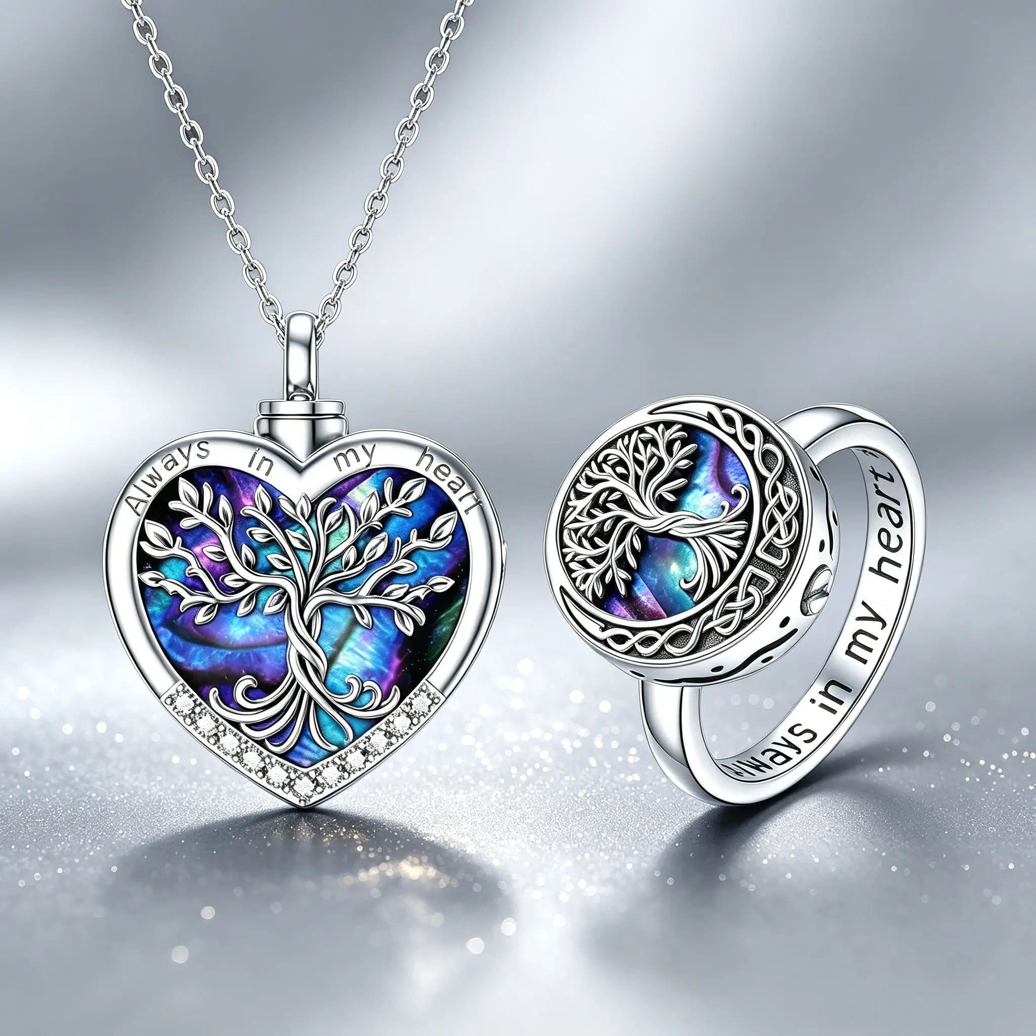 2-Piece Celtic Knot Tree of Life Ashes Jewelry Set, Unisex Genealogy Souvenir with Heart-Shaped Pendant Necklace & Matching Shell Ring, Unique Design