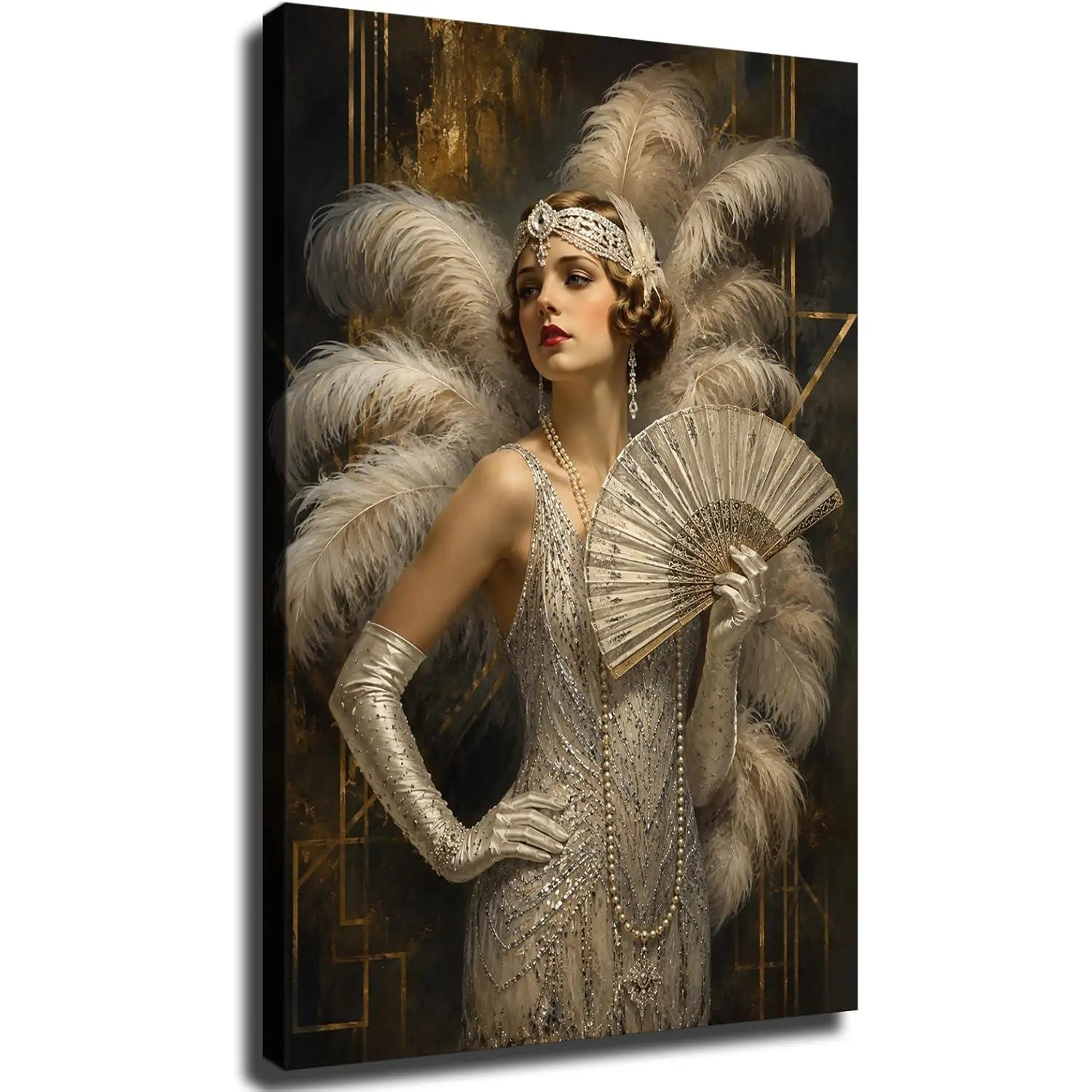 Frame-Style Art Deco Showgirl Canvas Prints, 1920s Glamour Vintage Art, 1-Piece Feather Dancer Wall Decor for Bedroom Home Decoration