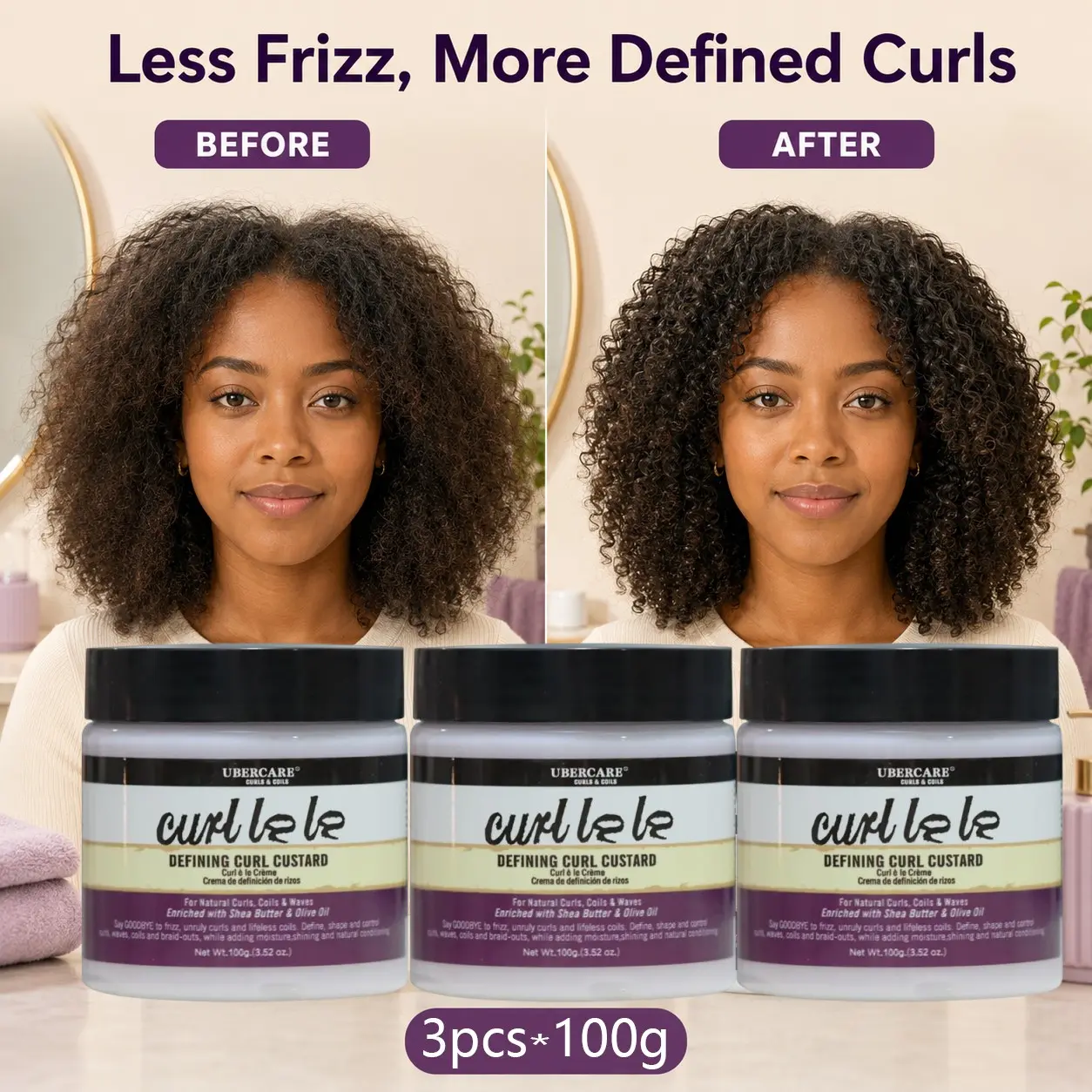 3pcs*100g, Curl Defining Custard, Soft Hold Curl Cream for Textured Hair, Frizz Control Styling Cream for Curls, Coils, Waves & Twist-Outs
