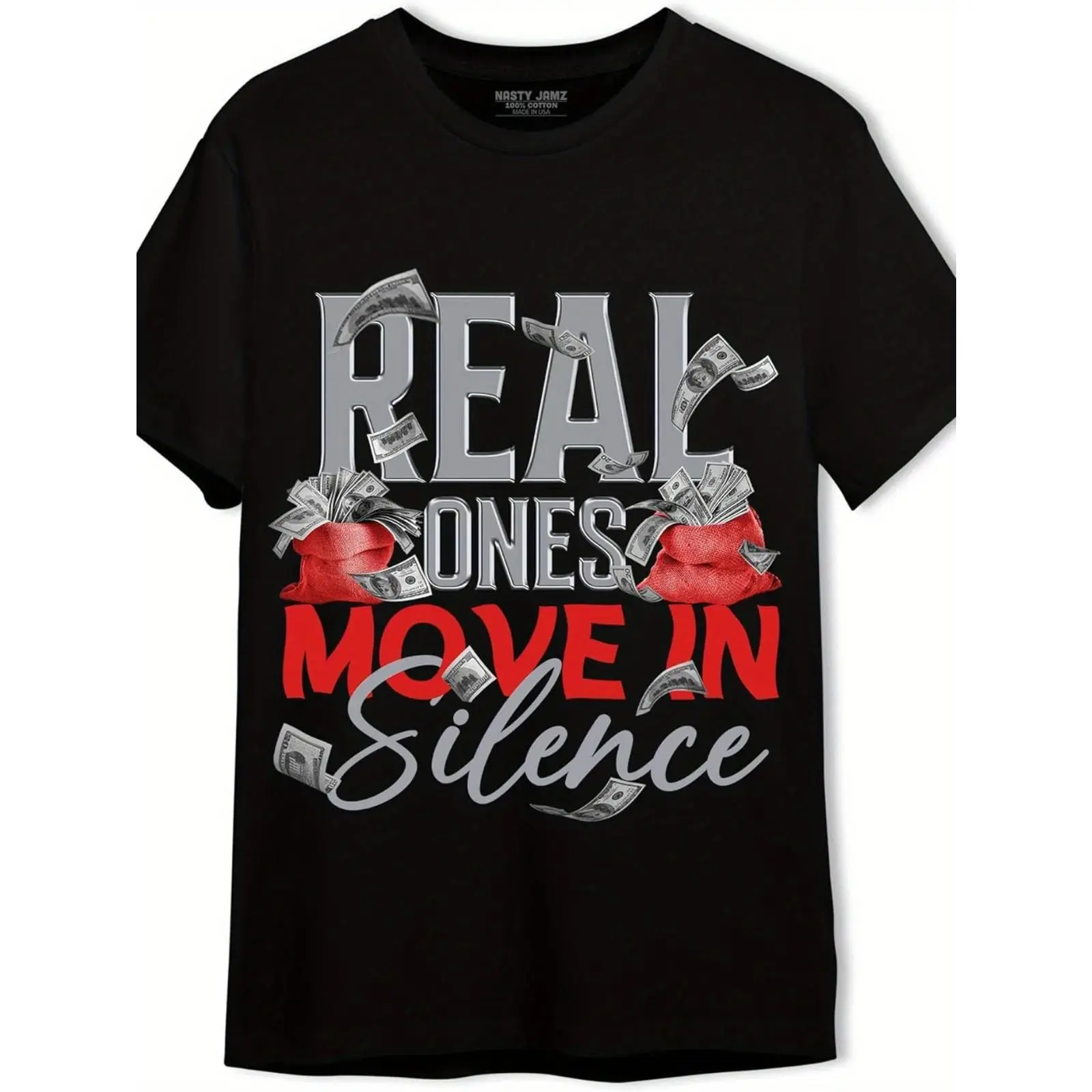 Unisex 100% Cotton 180g Soft Short Sleeve Oversized Sports Top - Real Ones Move In Silence Money Bag Cash Graphic, Hustle Motivational Street Style Tee, Hip Hop Success Mindset Casual Wear (S-3XL) [Compatible with Tracksuits, Cargo Outfits]