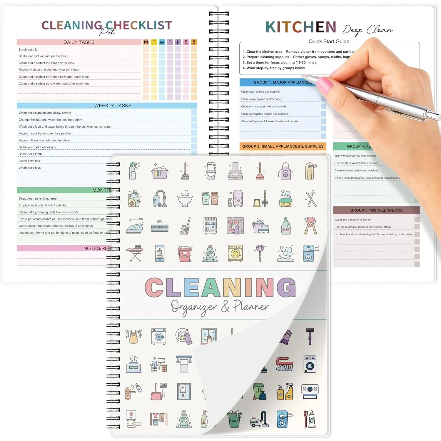 8.5x11" Polypropylene Cleaning Schedule Planner for Adults - Weekly & Monthly Chore Tracker, Daily Organizer, Visual Charts, 12 Laminated Pages for Kitchen & Bathroom (No Memory Required)
