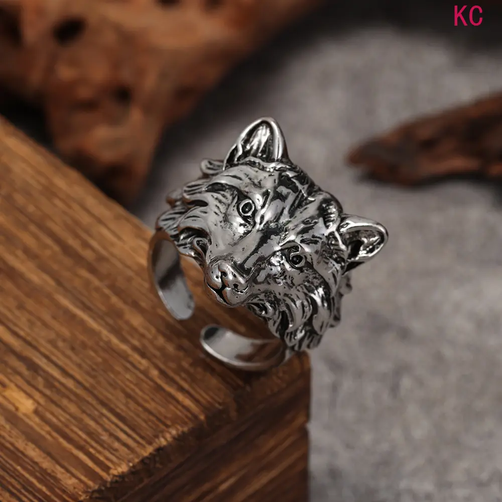 Vintage Wolf Head Open Ring, Men'S Hip‑hop Animal Themed Finger Ring, Bold Exaggerated Appearance For Trendy Daily Accessory Matching