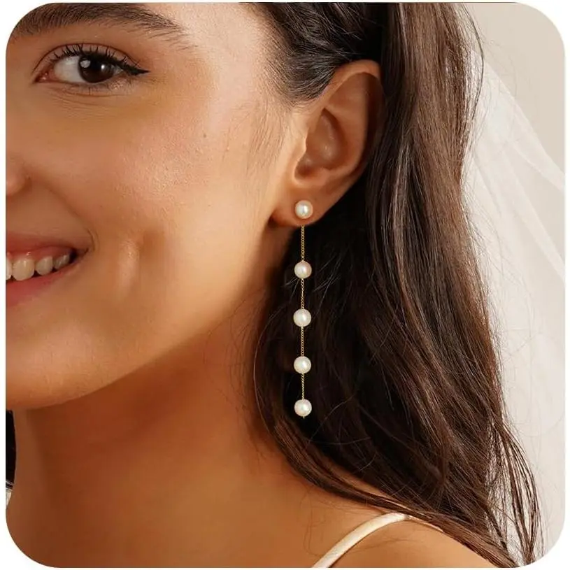 Pearl Earrings 4mm 5mm 6mm Gold/Silver Dangle Earrings for Women - White Long Drop Pearl Dangling Earrings Bridal Wedding Dainty Prom Birthday Gifts Jewelry