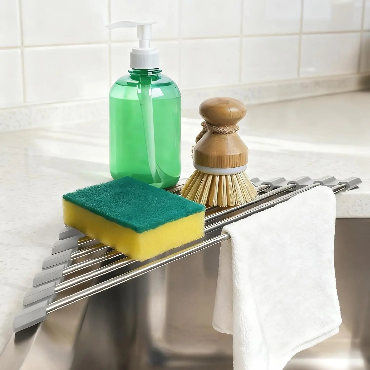 Triangle Dish Drying Rack, Corner Sink , Over The Sink Corner Drainer with Sponge Holder | Foldable, Non-Slip Stainless Steel for Kitchen Sink | Space Saving Design