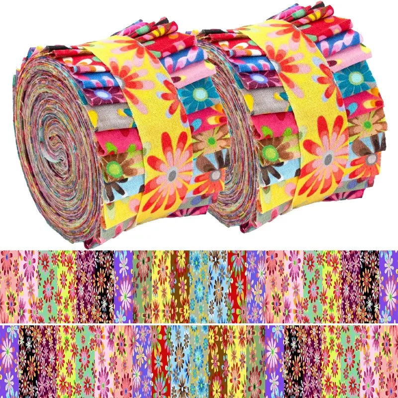 40Pcs Polyester Colorful Floral Precut Fabric Strips, 2.5x19.7in Fresh Flower Bundle for DIY Patchwork Quilting Sewing