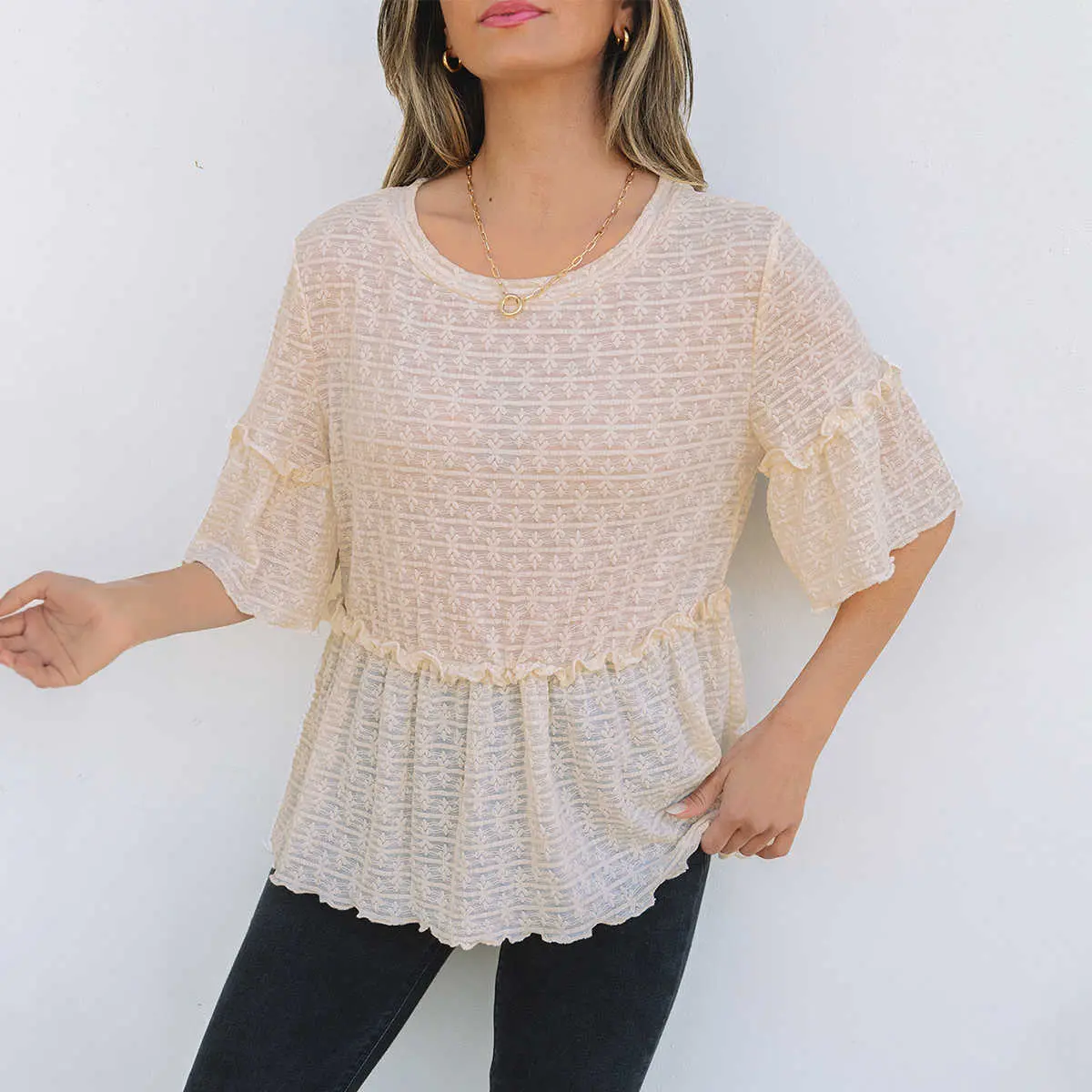Beige Solid Color Textured Ruffled Short Sleeve Blouse