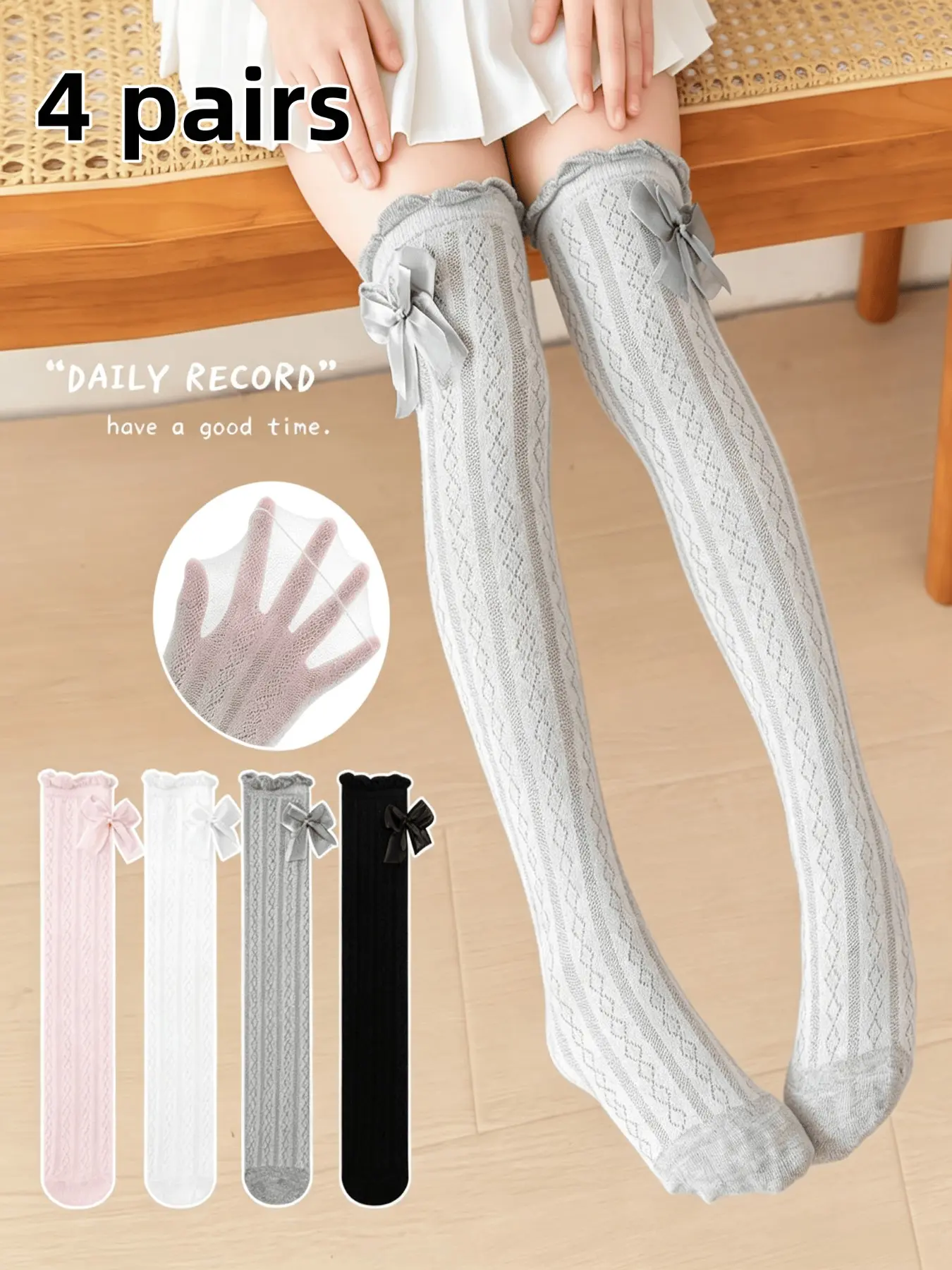 4 Pairs Bow Infant Knee-High Cute Socks for Girls Ages 2-12, French Sweet Style, Multi-Color, Perfect for Dresses and