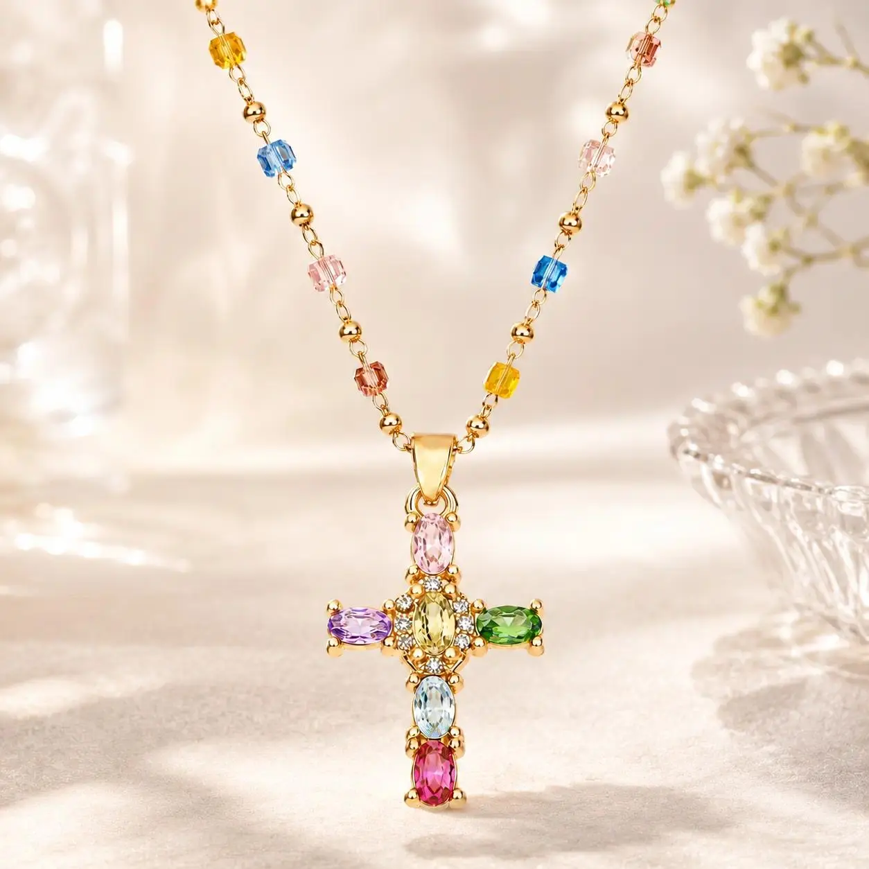 Multilayer Gold Cross Necklace with Colorful Crystal Pendant - Y2K Aesthetic Layered Christian Jewelry, Thoughtful Birthday Gift for Best Friends & Women