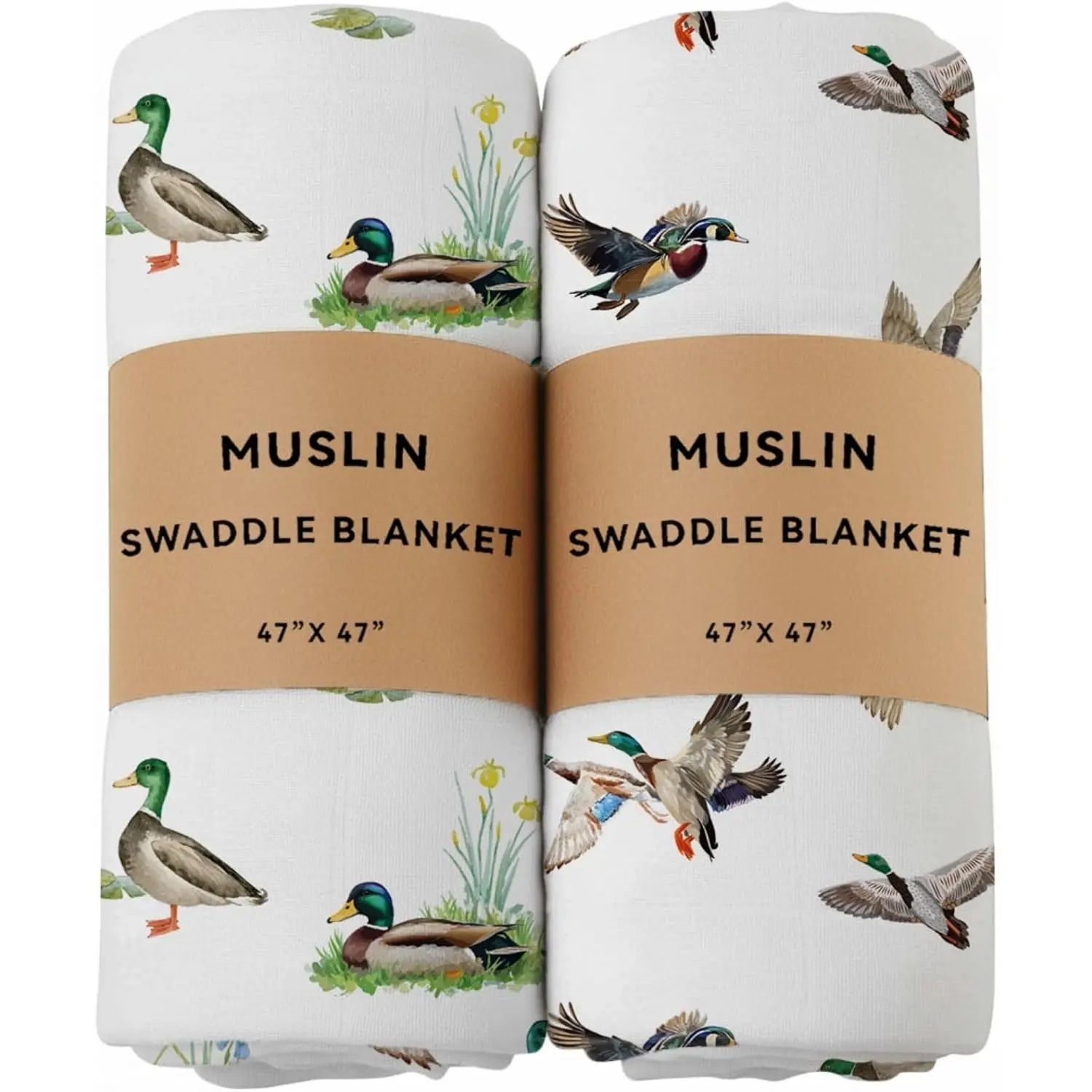 2-Pack Mallard Muslin Swaddle Blankets & Throws, 70% Bamboo 30% Cotton, Breathable 47x47in Gender-Neutral Baby Cover (Car Seat, Nursing, Burp Cloth Use), Soft, Cold Wash Safe, Car Seat Cover, Nursing Cover