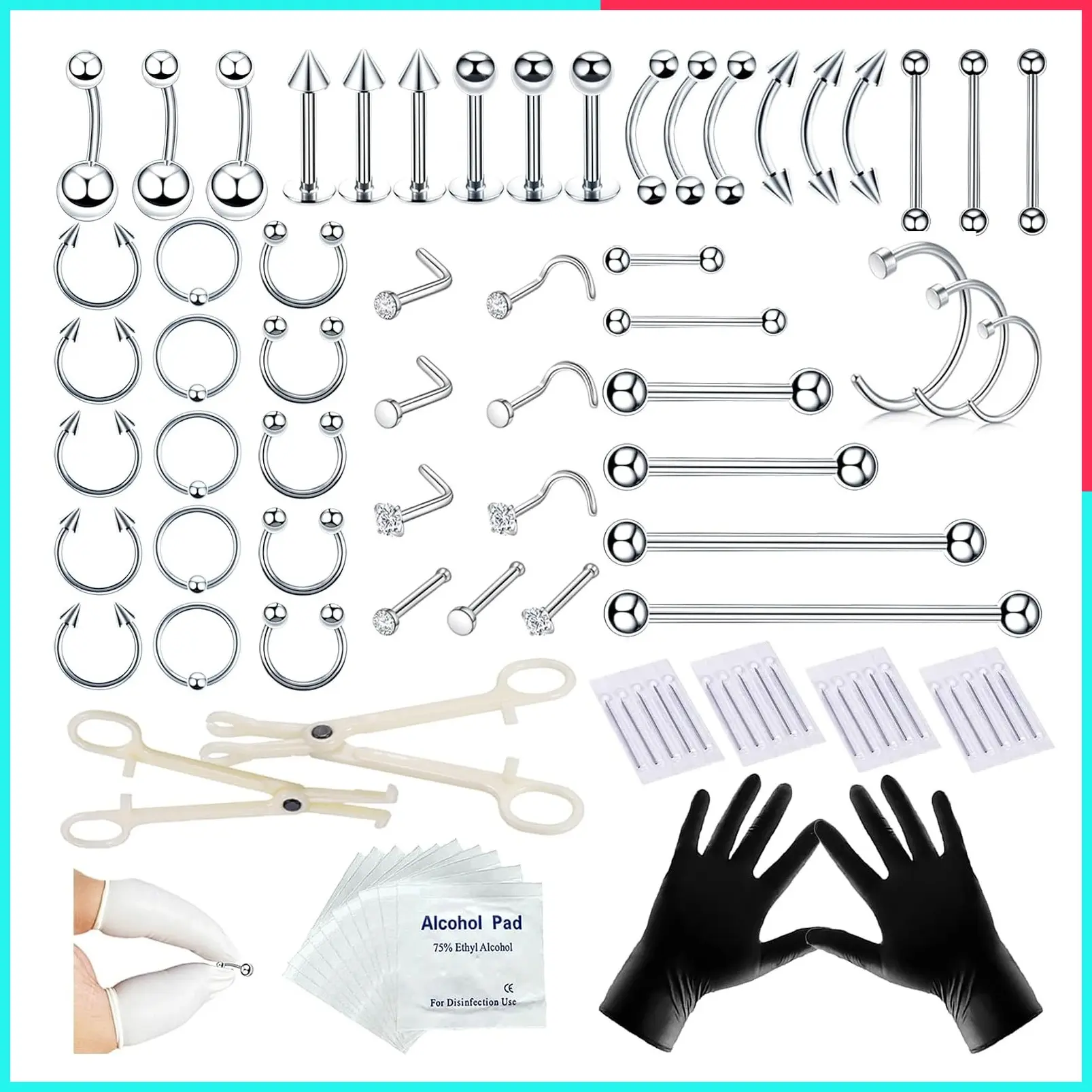 80PCS Nose Piercing Kit with 12G 14G 16G 20G Needles for Ear Nose Lip Eyebrow| 316L Stainless Steel Body Piercing Jewelry, E.O.Gas Sterilized Tools, Gloves & Cleaning Pads for Home or Salon Use