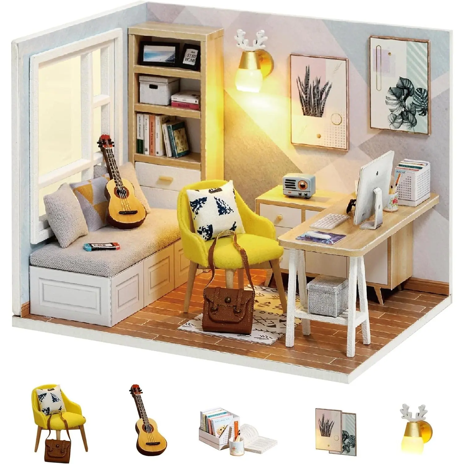 Dollhouse Miniature DIY House Kit Creative Room with Furniture for Romantic Artwork Gift (Sunny Study)